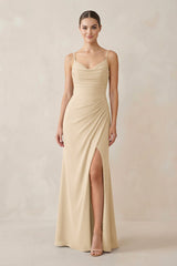 Champagne Ruched Sheath Spaghetti Strap Chiffon Bridesmaid Dress | KISSBRIDAL