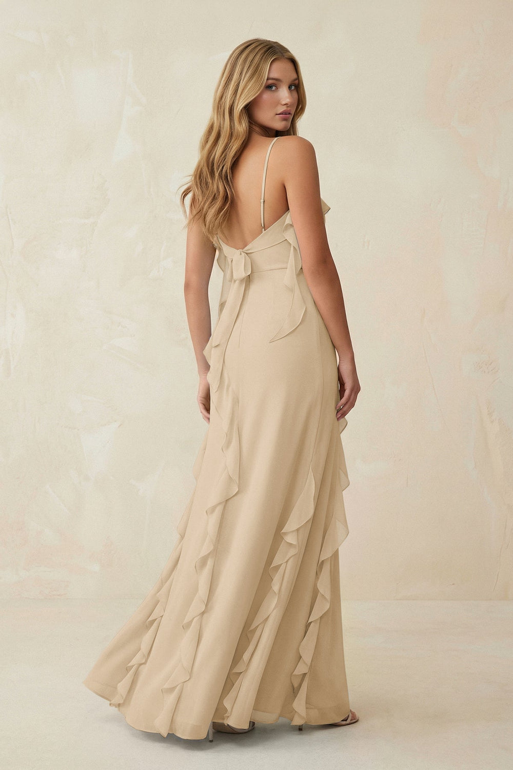 Ruffled Cami Strap Chiffon Sheath Bridesmaid Dress in Champagne