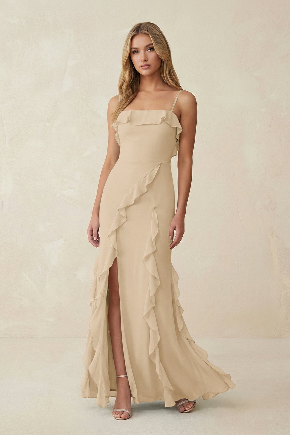 Ruffled Cami Strap Chiffon Sheath Bridesmaid Dress in Champagne