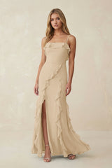 Champagne Ruffled Cami Strap Chiffon Sheath Bridesmaid Dress | KISSBRIDAL