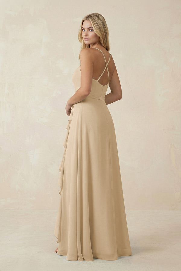 Champagne Ruffled Hem A-Line Chiffon Bridesmaid Dress (2) | KISSBRIDAL