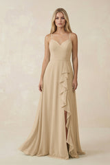 Champagne Ruffled Hem A-Line Chiffon Bridesmaid Dress | KISSBRIDAL