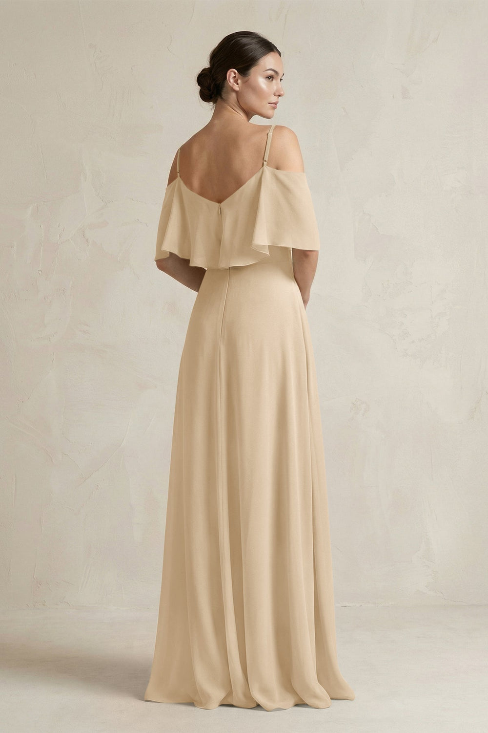 Ruffled Off-the-Shoulder A-Line Chiffon Bridesmaid Gown in Champagne