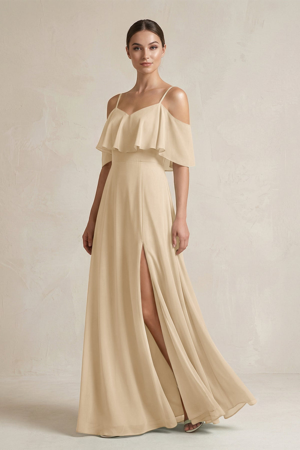 Ruffled Off-the-Shoulder A-Line Chiffon Bridesmaid Gown in Champagne