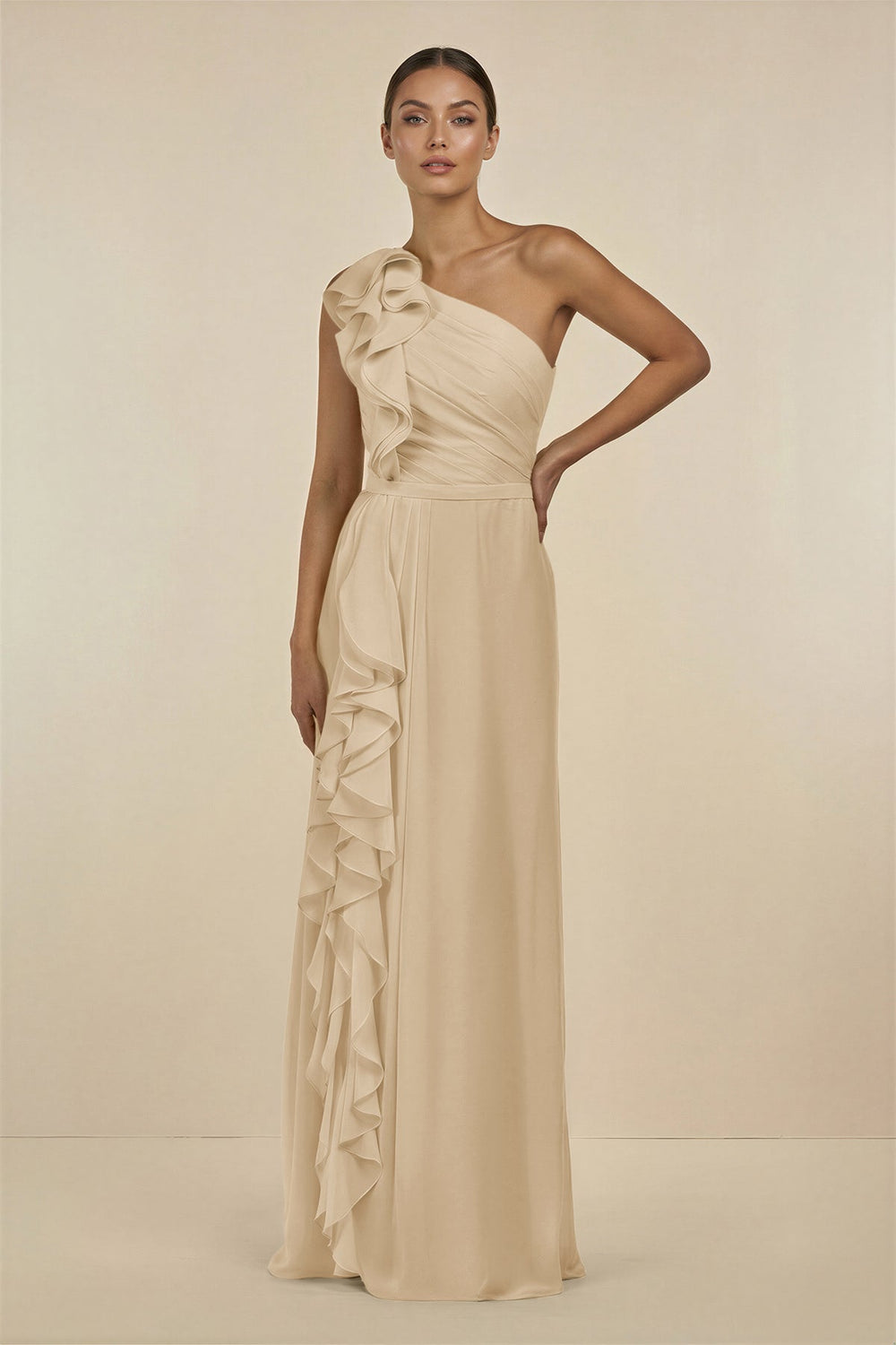 Ruffled One-Shoulder Pleated Sheath Bridesmaid Dress in Champagne