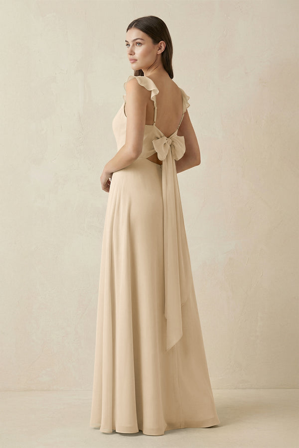 Champagne Ruffled Sleeve A-Line Chiffon Bridesmaid Dress (2) | KISSBRIDAL