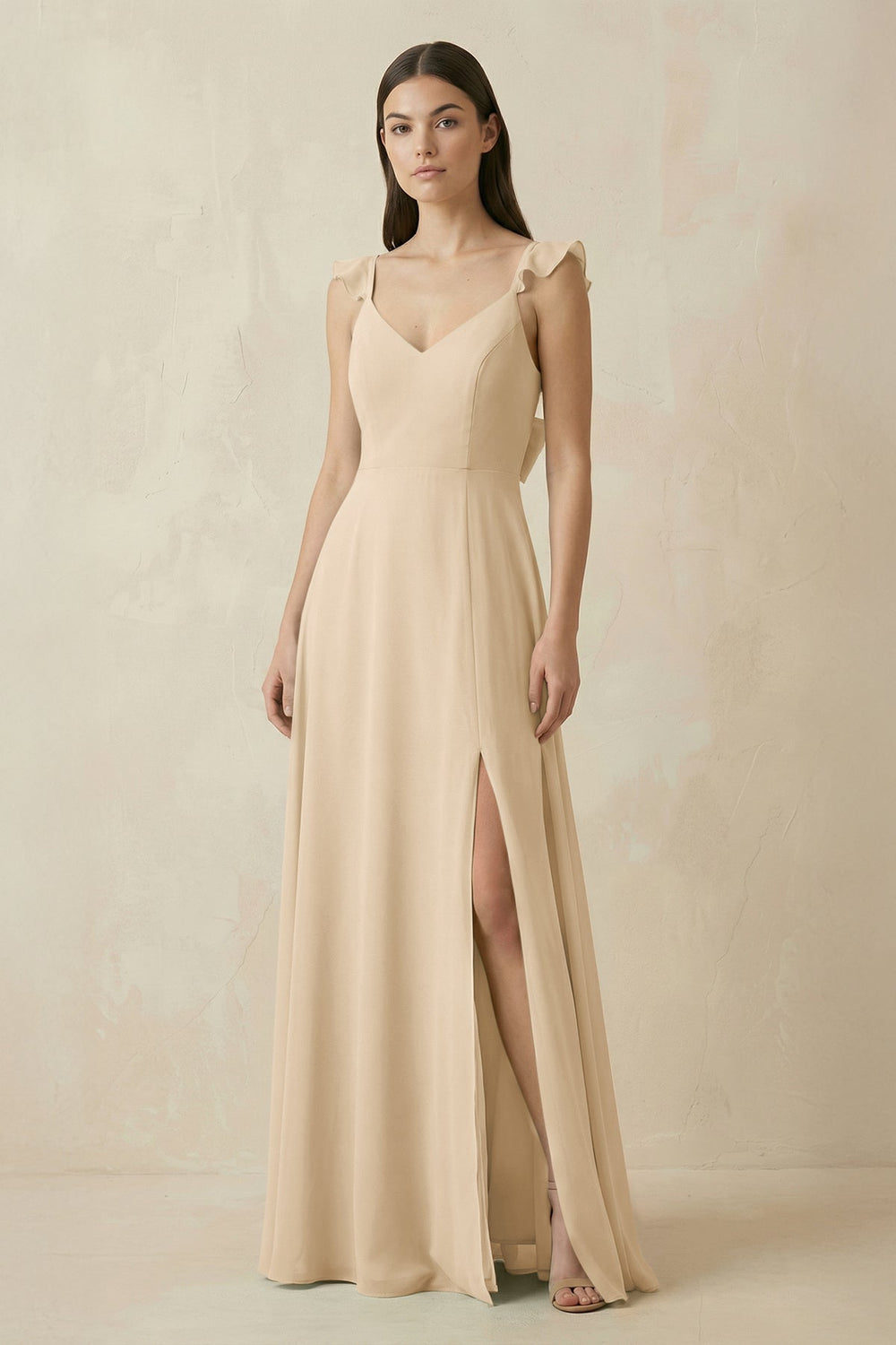 Ruffled Sleeve A-Line Chiffon Bridesmaid Dress in Champagne