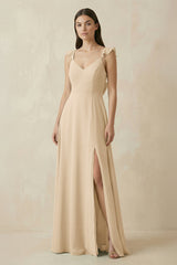 Champagne Ruffled Sleeve A-Line Chiffon Bridesmaid Dress | KISSBRIDAL