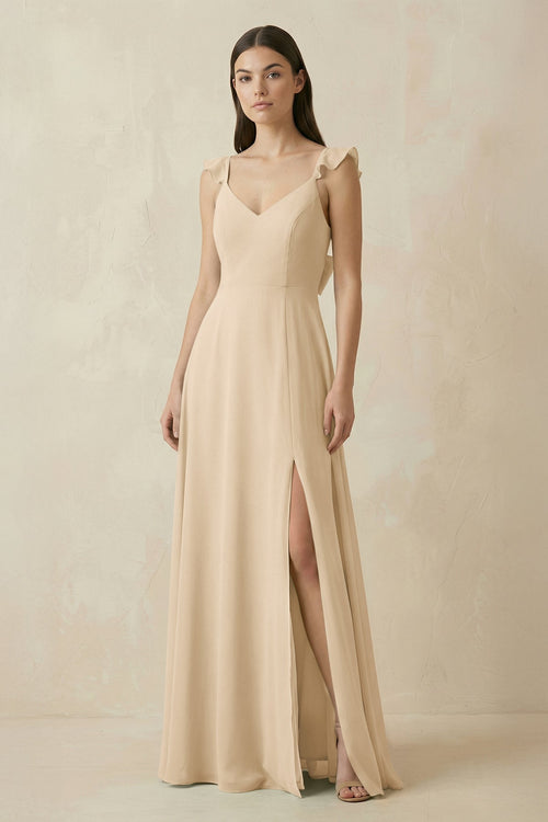 Champagne Ruffled Sleeve A-Line Chiffon Bridesmaid Dress | KISSBRIDAL