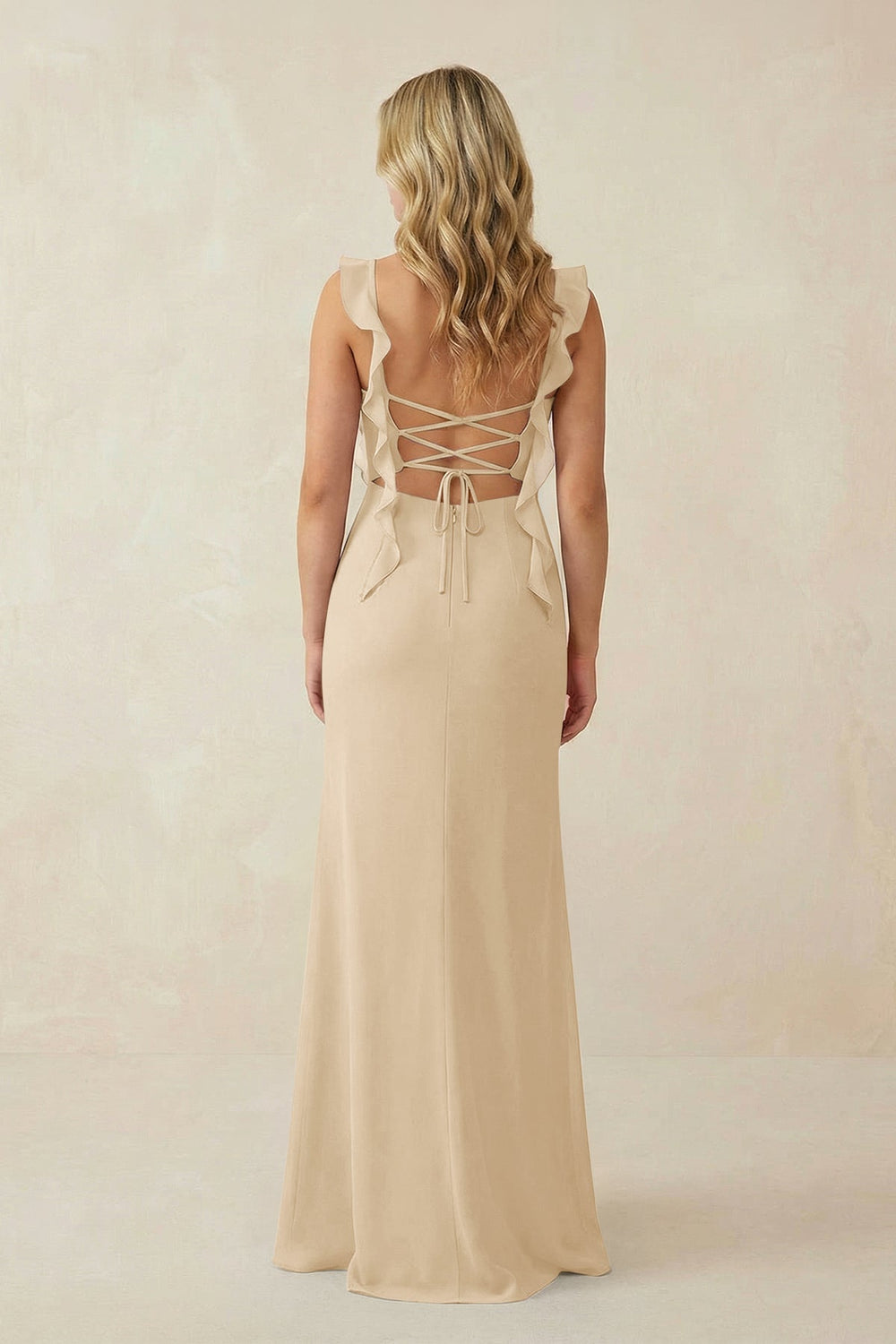 Ruffled Sleeve Ruched Sheath Chiffon Bridesmaid Dress in Champagne
