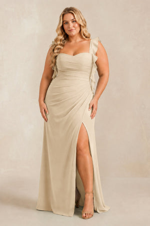 Champagne Ruffled Sleeve Ruched Sheath Chiffon Bridesmaid Dress [sizeplus] | KISSBRIDAL