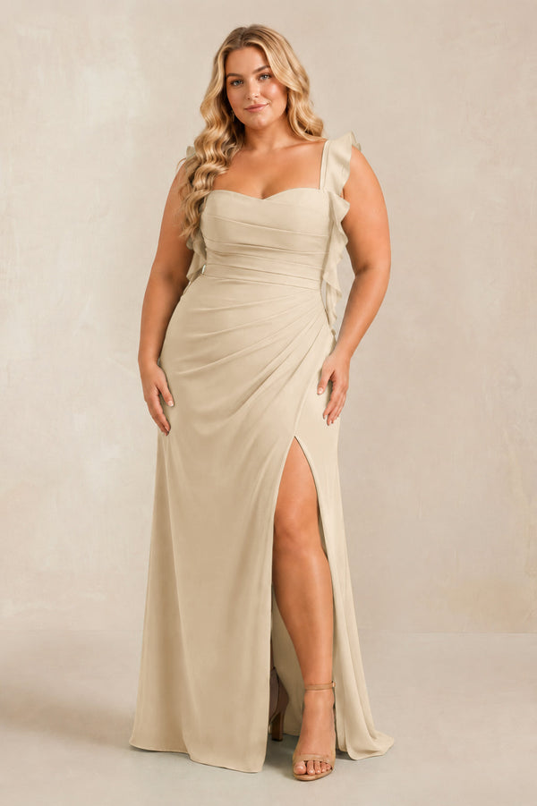 Champagne Ruffled Sleeve Ruched Sheath Chiffon Bridesmaid Dress [sizeplus] | KISSBRIDAL