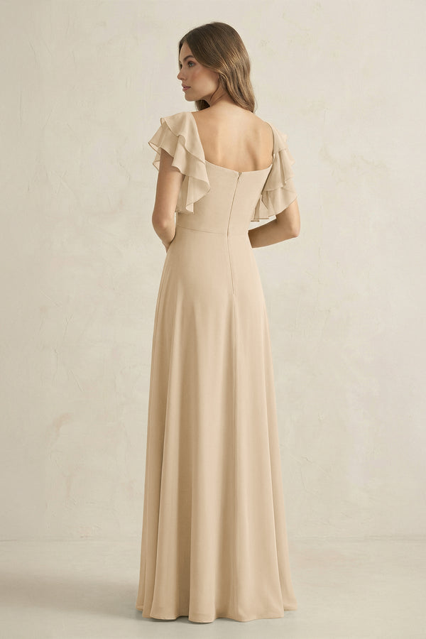 Champagne Ruffled Sleeves A-Line Chiffon Bridesmaid Dress (2) | KISSBRIDAL