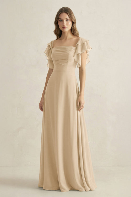 Champagne Ruffled Sleeves A-Line Chiffon Bridesmaid Dress | KISSBRIDAL