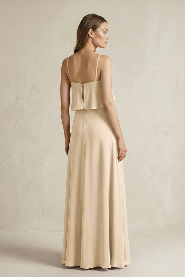 Champagne Ruffled Spaghetti Strap A-Line Chiffon Bridesmaid Dress in Champagne (2) | KISSBRIDAL