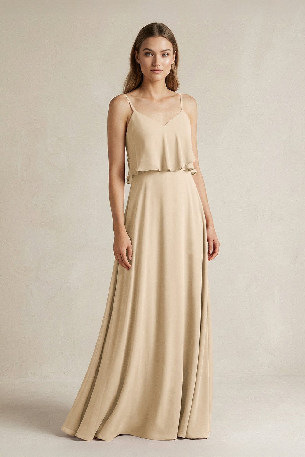 Ruffled Spaghetti Strap A-Line Chiffon Bridesmaid Dress in Champagne