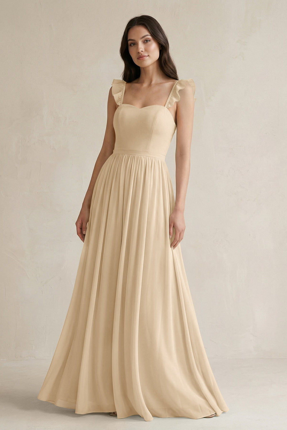 Ruffled Spaghetti Strap Chiffon A-Line Bridesmaid Dress in Champagne