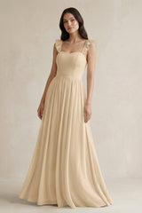 Champagne Ruffled Spaghetti Strap Chiffon A-Line Bridesmaid Dress | KISSBRIDAL