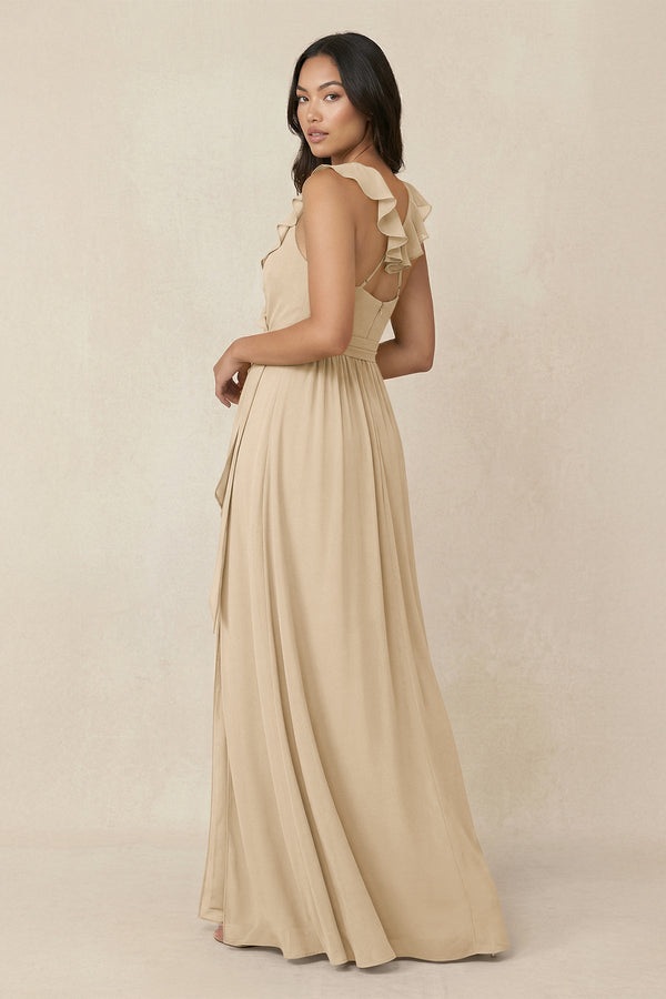 Champagne Ruffled V-Neck A-Line Chiffon Bridesmaid Dress (2) | KISSBRIDAL