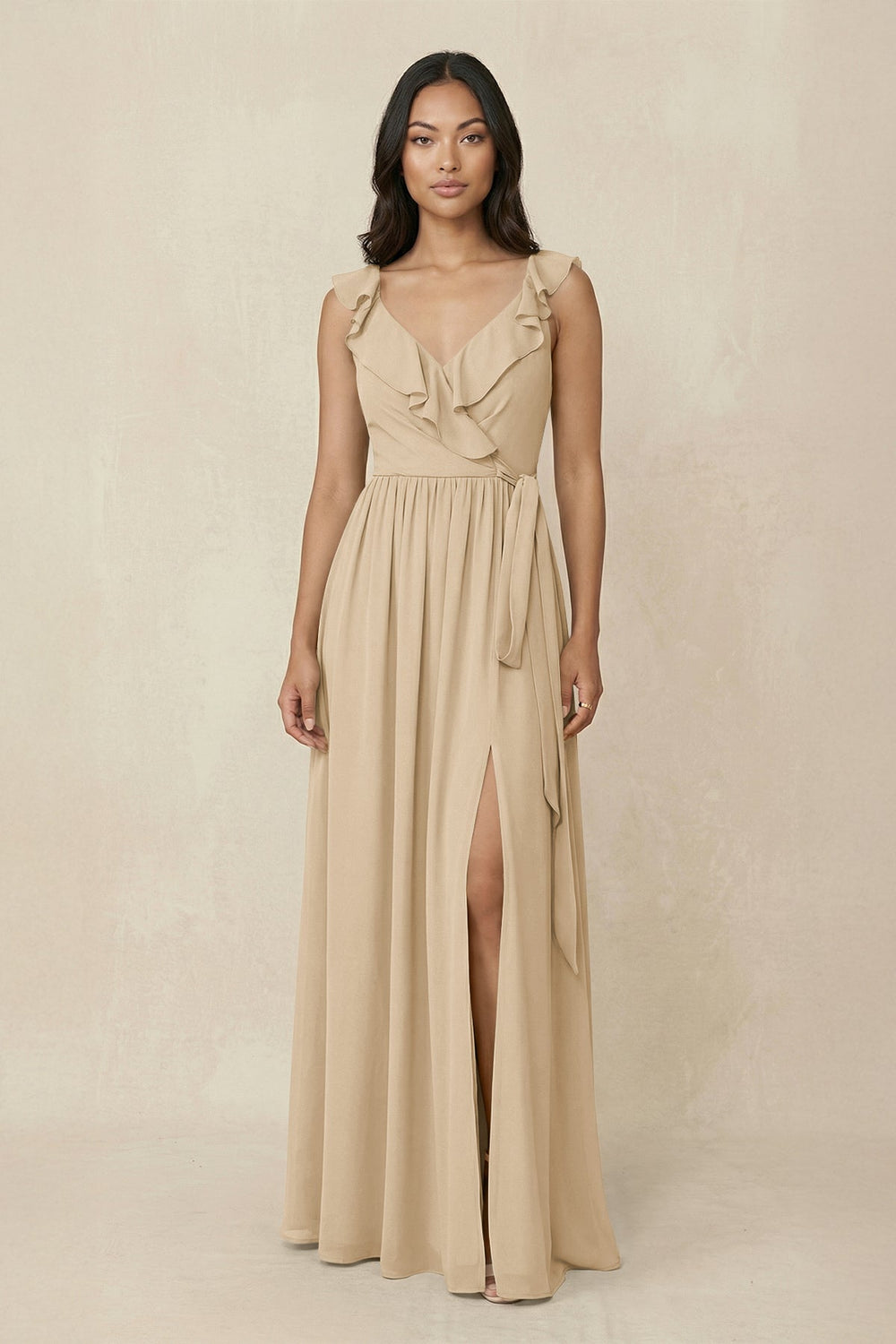 Ruffled V-Neck A-Line Chiffon Bridesmaid Dress in Champagne