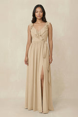 Champagne Ruffled V-Neck A-Line Chiffon Bridesmaid Dress | KISSBRIDAL