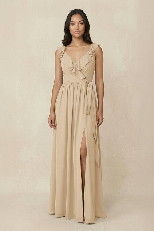 Champagne Ruffled V-Neck A-Line Chiffon Bridesmaid Dress | KISSBRIDAL