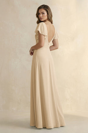 Champagne Ruffled V-Neck Chiffon A-Line Bridesmaid Dress (2) | KISSBRIDAL