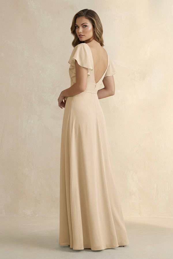 Champagne Ruffled V-Neck Chiffon A-Line Bridesmaid Dress (2) | KISSBRIDAL