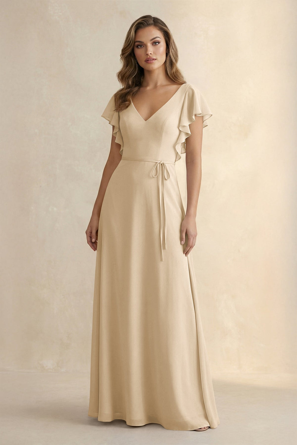 Ruffled V-Neck Chiffon A-Line Bridesmaid Dress in Champagne