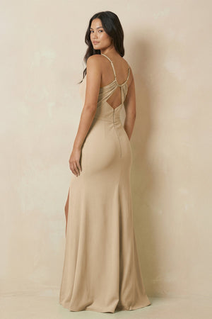 Champagne Sheath Cami Strap Chiffon Bridesmaid Dress with Slit (2) | KISSBRIDAL