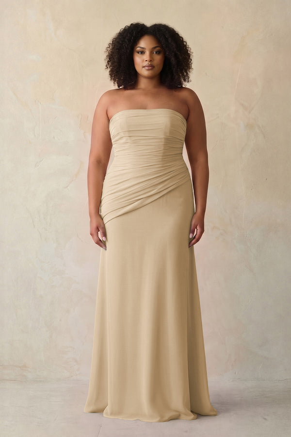 Champagne Sheath Chiffon Strapless Pleated Bridesmaid Dress (3) [sizeplus] | KISSBRIDAL