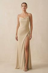 Champagne Sheath Spaghetti Straps Chiffon Long Bridesmaid Dress | KISSBRIDAL