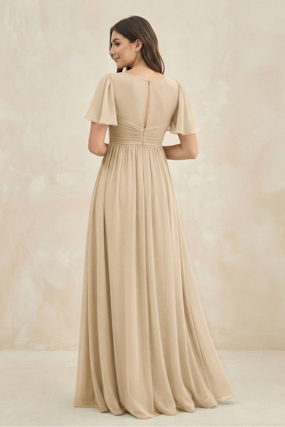 Short Sleeve Chiffon V-Neck A-Line Bridesmaid Dress in Champagne