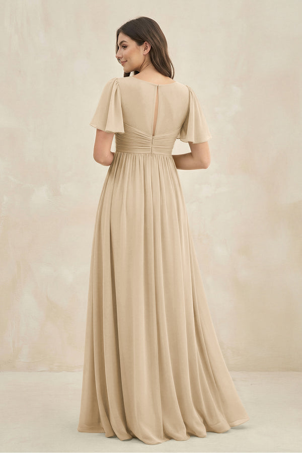 Champagne Short Sleeve Chiffon V-Neck A-Line Bridesmaid Dress (2) | KISSBRIDAL