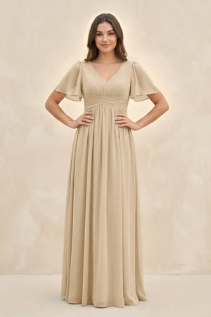 Champagne Short Sleeve Chiffon V-Neck A-Line Bridesmaid Dress | KISSBRIDAL