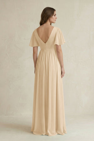 Champagne Short Sleeve V-Neck A-Line Chiffon Bridesmaid Dress (2) | KISSBRIDAL