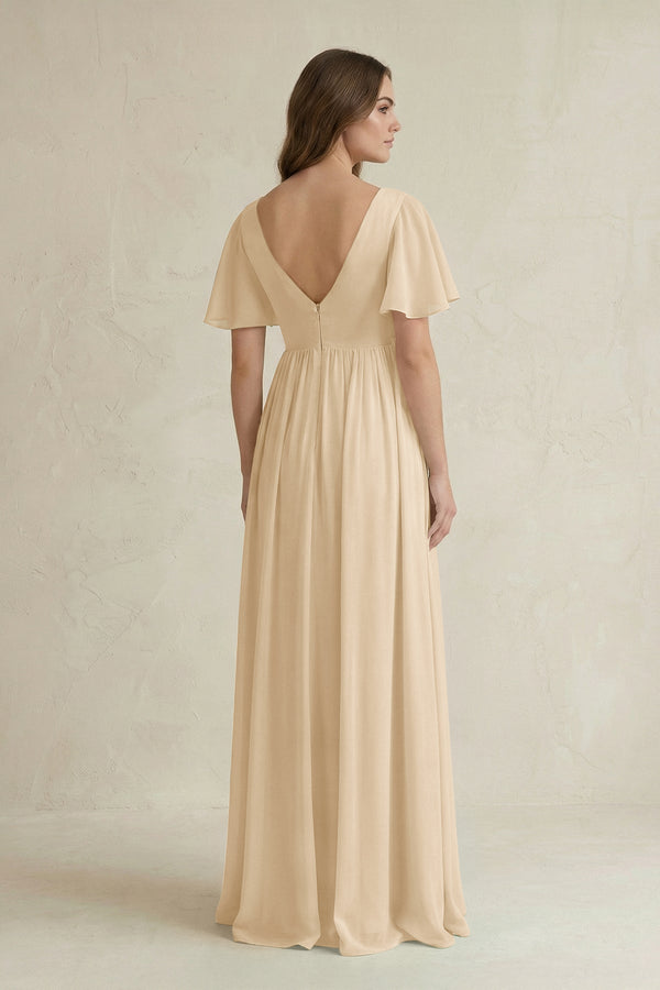 Champagne Short Sleeve V-Neck A-Line Chiffon Bridesmaid Dress (2) | KISSBRIDAL