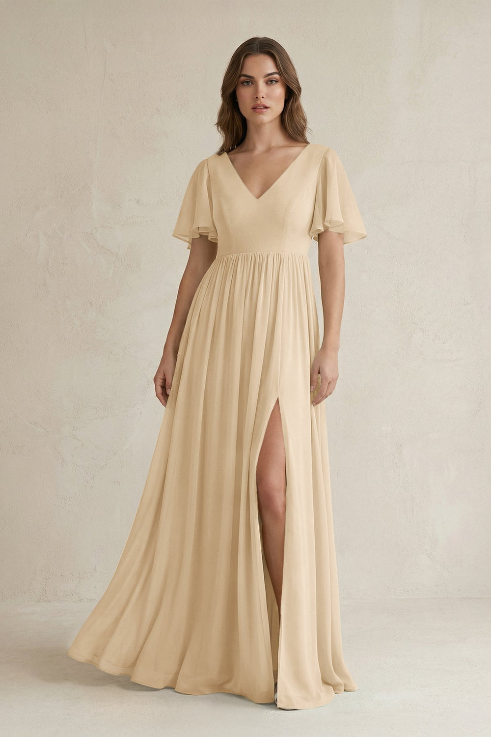Short Sleeve V-Neck A-Line Chiffon Bridesmaid Dress in Champagne