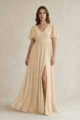 Champagne Short Sleeve V-Neck A-Line Chiffon Bridesmaid Dress | KISSBRIDAL