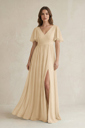 Champagne Short Sleeve V-Neck A-Line Chiffon Bridesmaid Dress | KISSBRIDAL
