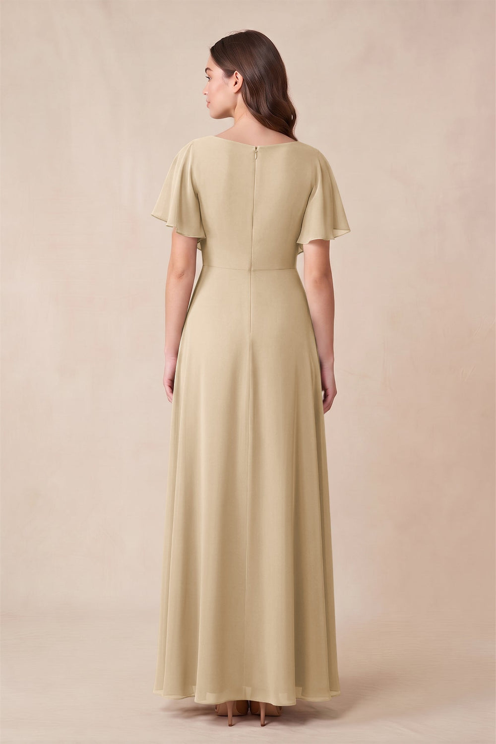 Short Sleeves Bateau A-Line Chiffon Bridesmaid Dress in Champagne