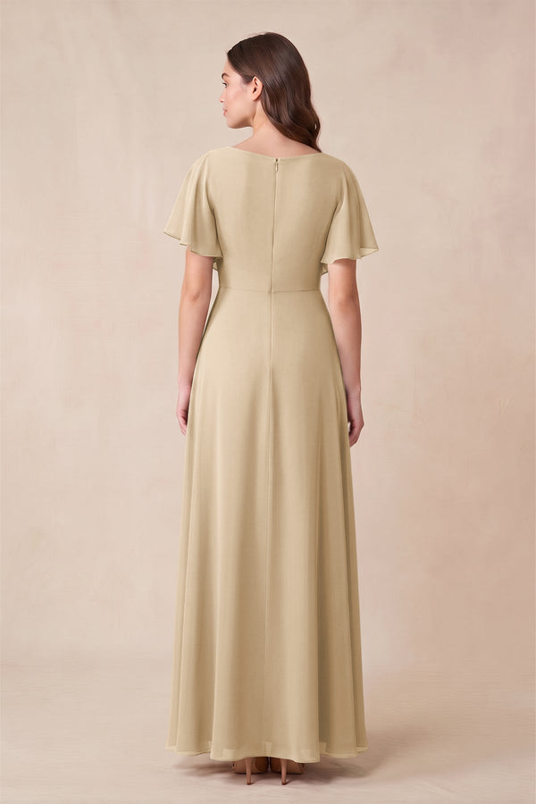 Champagne Short Sleeves Bateau A-Line Chiffon Bridesmaid Dress (2) | KISSBRIDAL