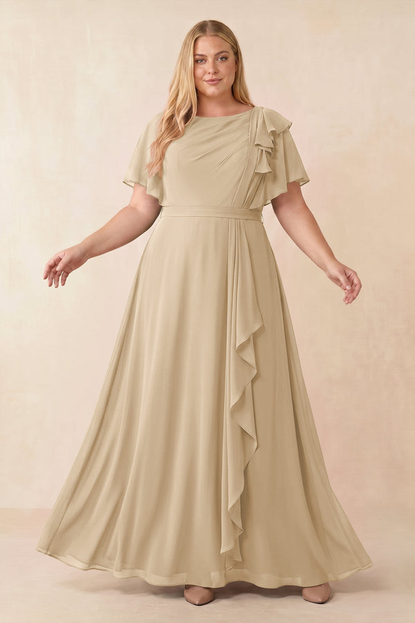 Champagne Short Sleeves Bateau A-Line Chiffon Bridesmaid Dress [sizeplus] | KISSBRIDAL