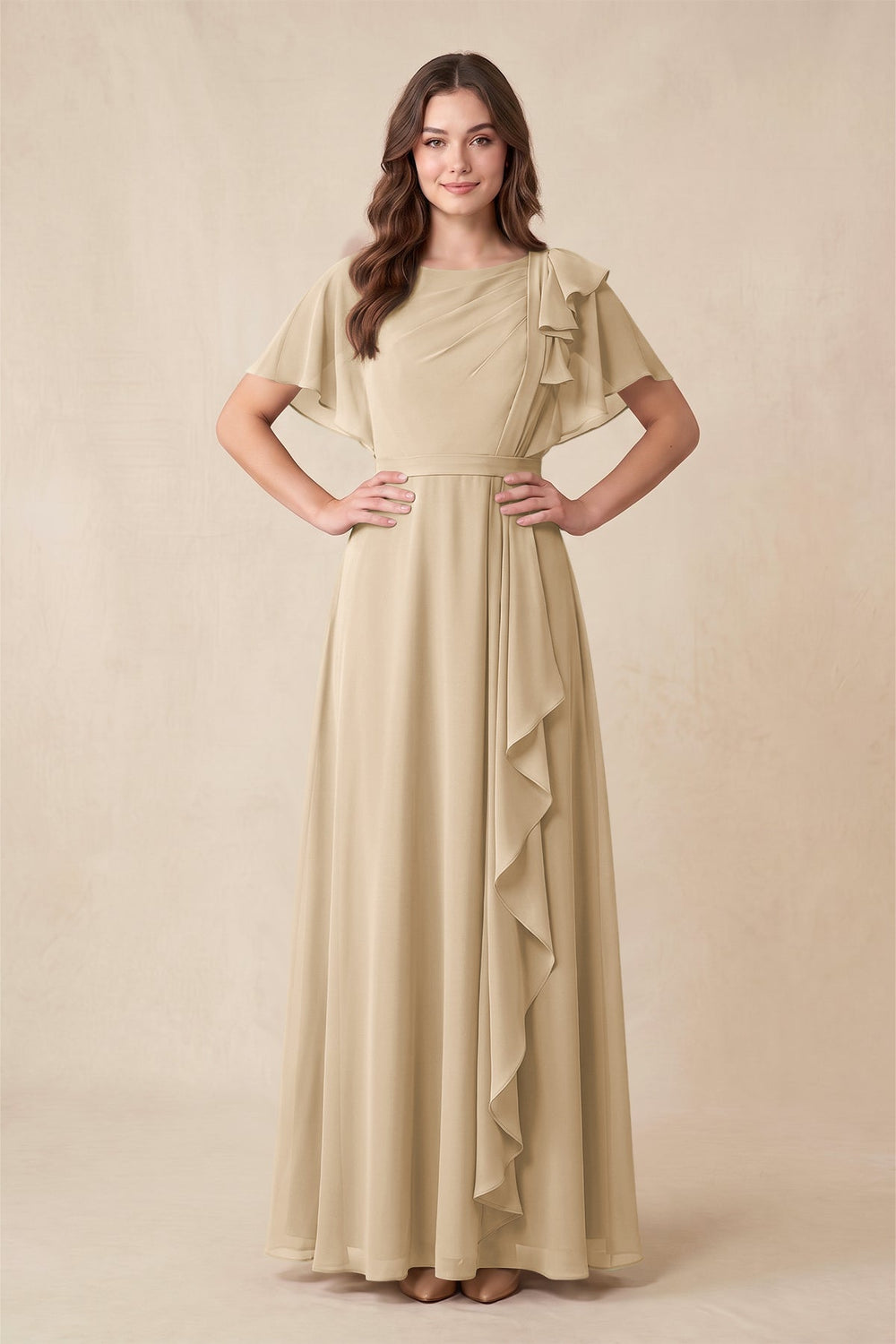 Short Sleeves Bateau A-Line Chiffon Bridesmaid Dress in Champagne