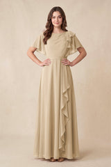 Champagne Short Sleeves Bateau A-Line Chiffon Bridesmaid Dress | KISSBRIDAL