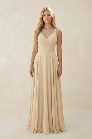 Champagne Spaghetti Strap A-Line Chiffon Bridesmaid Dress | KISSBRIDAL