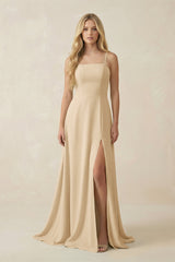 Champagne Spaghetti Strap Chiffon A-Line Bridesmaid Dress | KISSBRIDAL