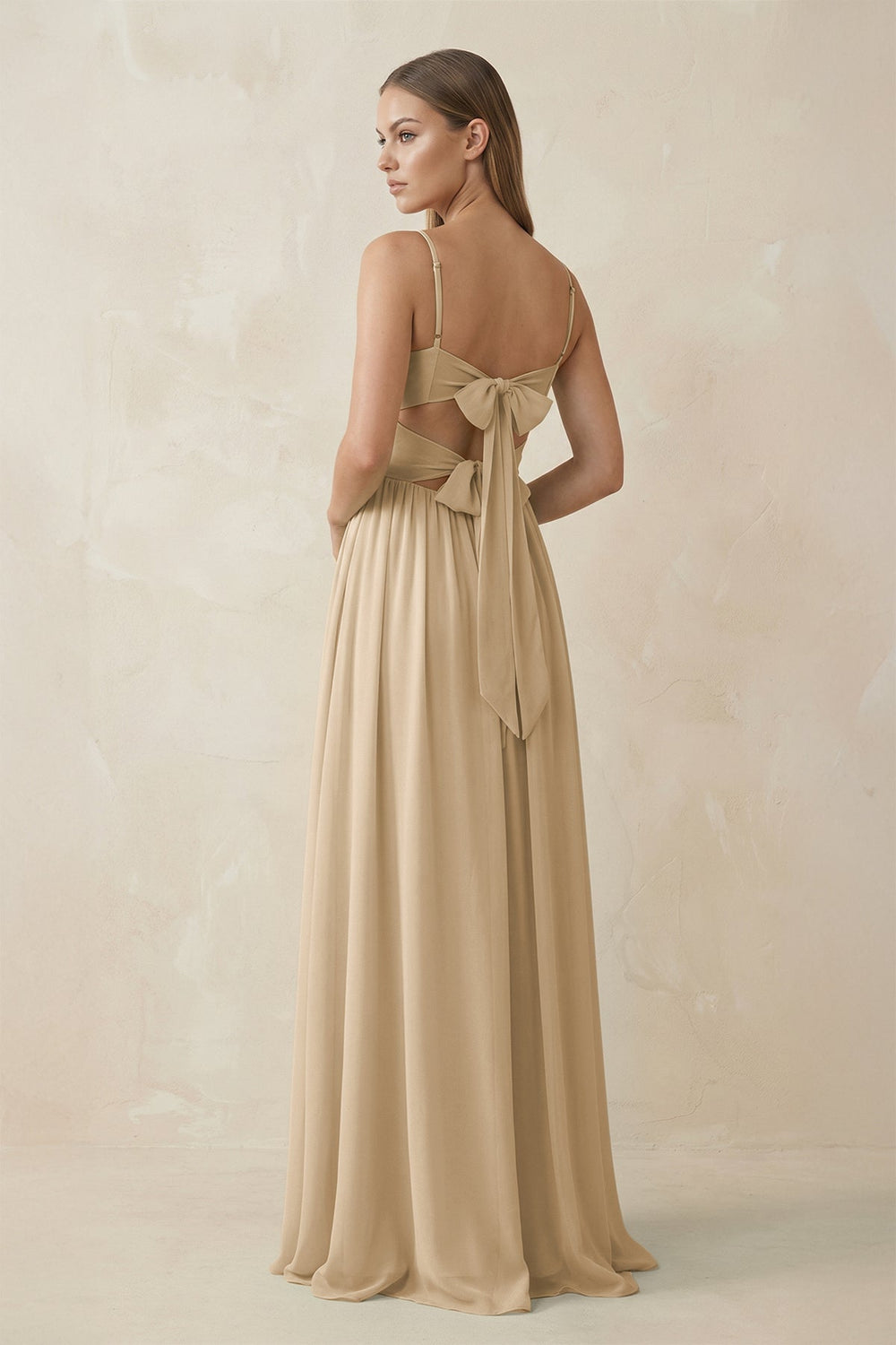 Spaghetti Strap Pleated A-Line Chiffon Bridesmaid Dress in Champagne