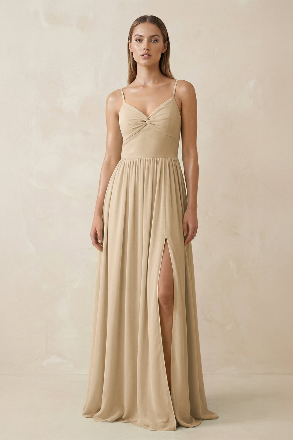 Spaghetti Strap Pleated A-Line Chiffon Bridesmaid Dress in Champagne