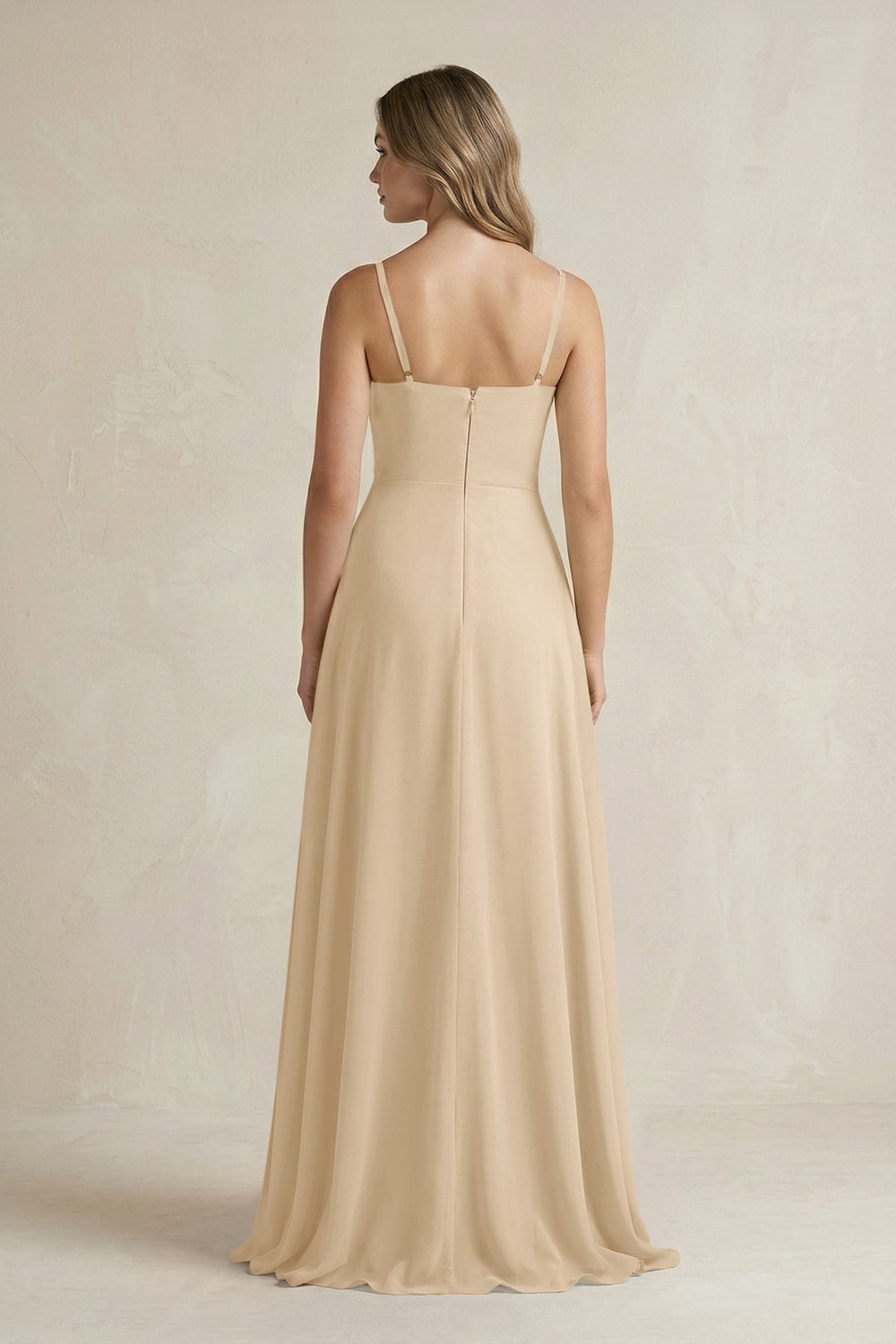 Spaghetti Strap Ruffled A-Line Chiffon Bridesmaid Dress in Champagne